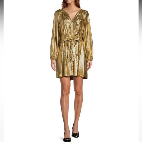 NWT ANTONIO MELANI Raffaella Metallic Split V-Long Sleeve Tie Waist Dress - Picture 1 of 8